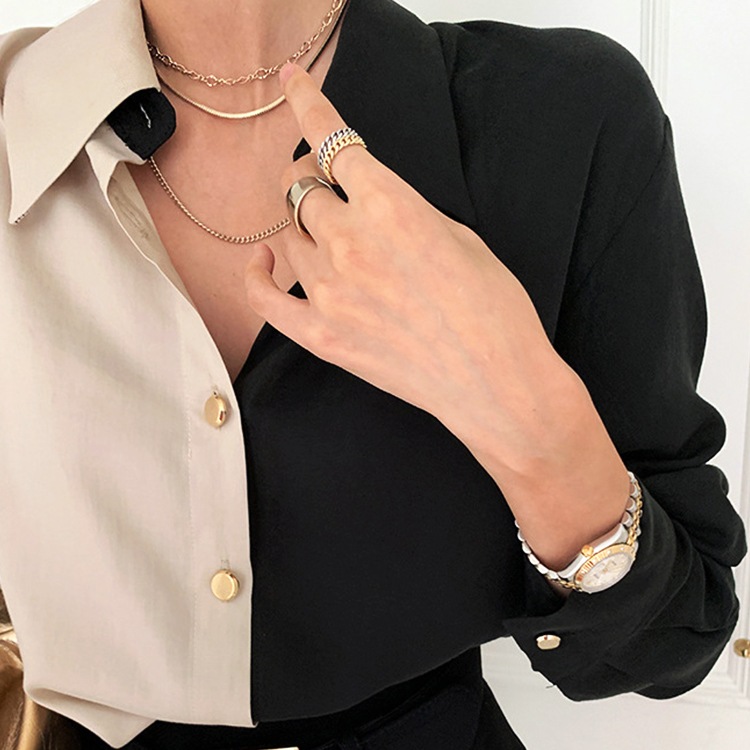 アシンメトリー バイカラー オープンカラー 長袖ブラウス