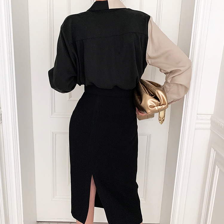 アシンメトリー バイカラー オープンカラー 長袖ブラウス