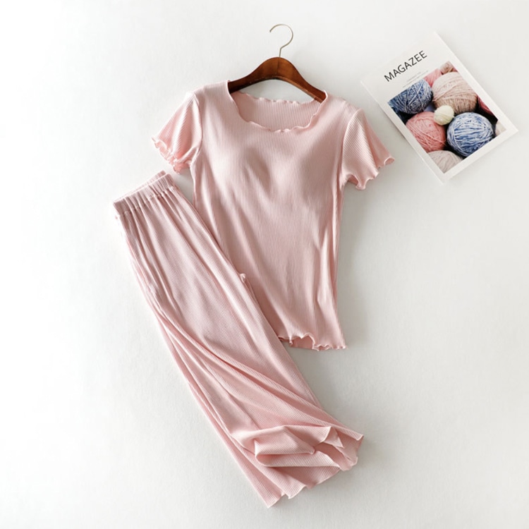 M-3L てろんと感 ブラカップ付き 半袖 七分丈 ルームウェア