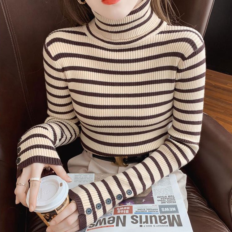 タートルネック ボーダー柄 長袖 ニット トップス