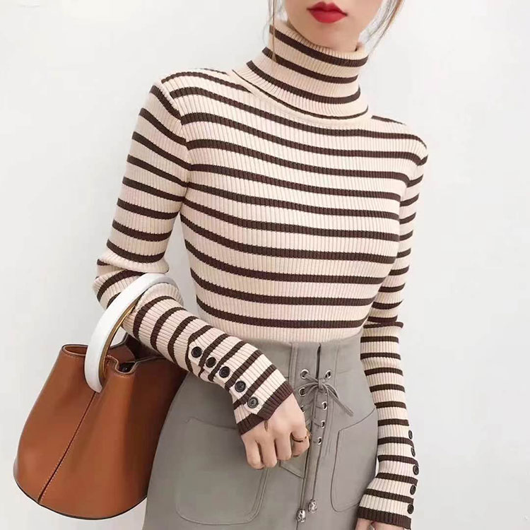 タートルネック ボーダー柄 長袖 ニット トップス