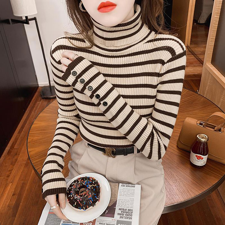 タートルネック ボーダー柄 長袖 ニット トップス