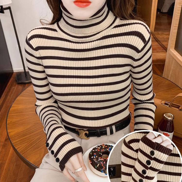 タートルネック ボーダー柄 長袖 ニット トップス