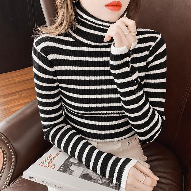 タートルネック ボーダー柄 長袖 ニット トップス