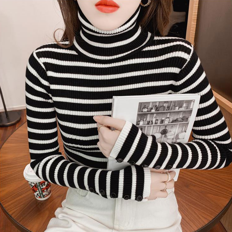 タートルネック ボーダー柄 長袖 ニット トップス