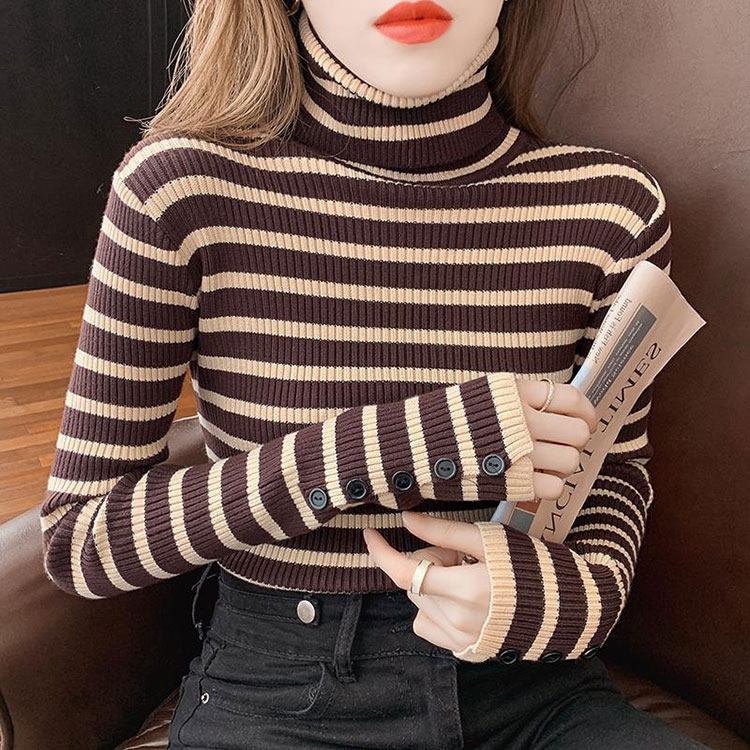 タートルネック ボーダー柄 長袖 ニット トップス