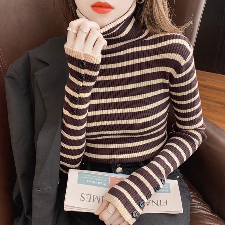 タートルネック ボーダー柄 長袖 ニット トップス
