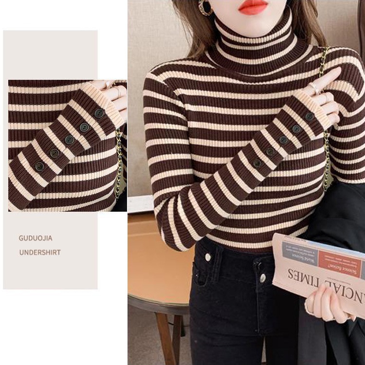 タートルネック ボーダー柄 長袖 ニット トップス