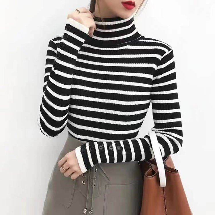 タートルネック ボーダー柄 長袖 ニット トップス