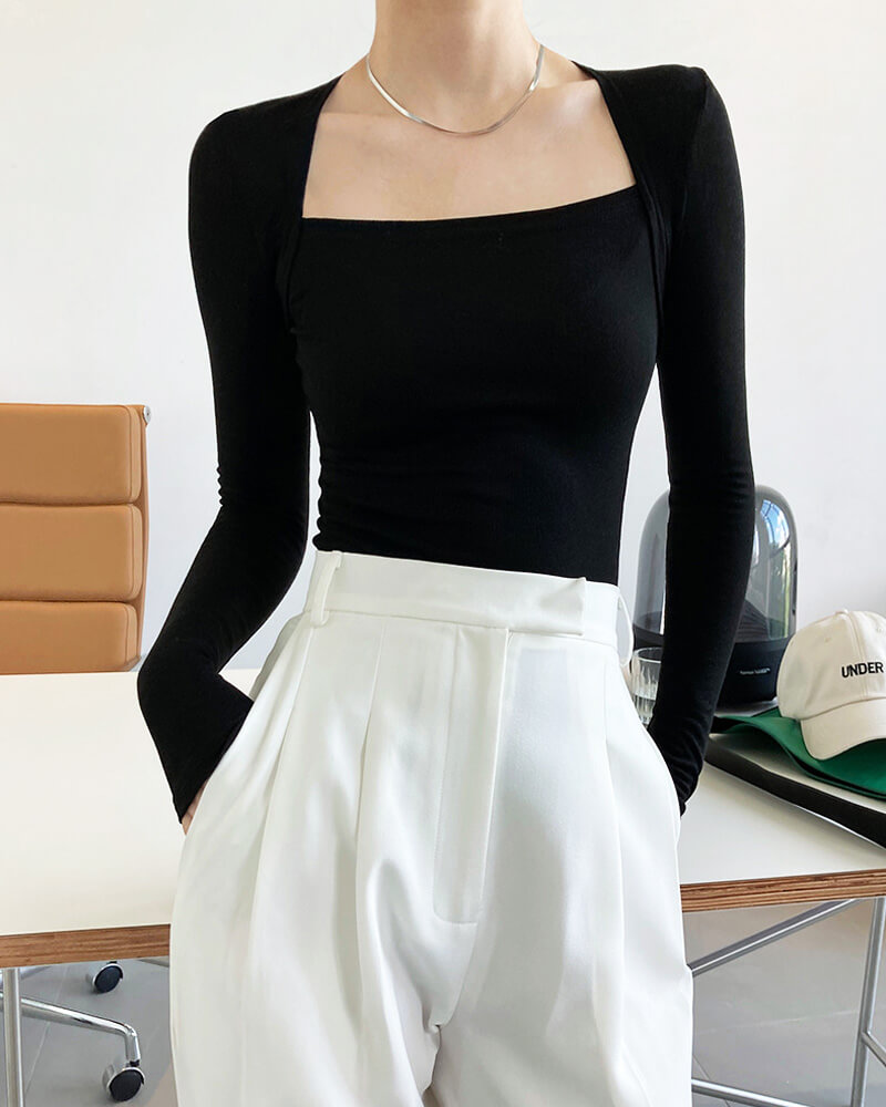 きれいめスクエアネック 長袖 タイトフィット Tシャツ