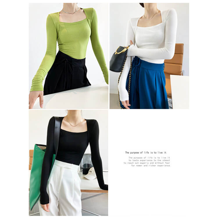 きれいめスクエアネック 長袖 タイトフィット Tシャツ