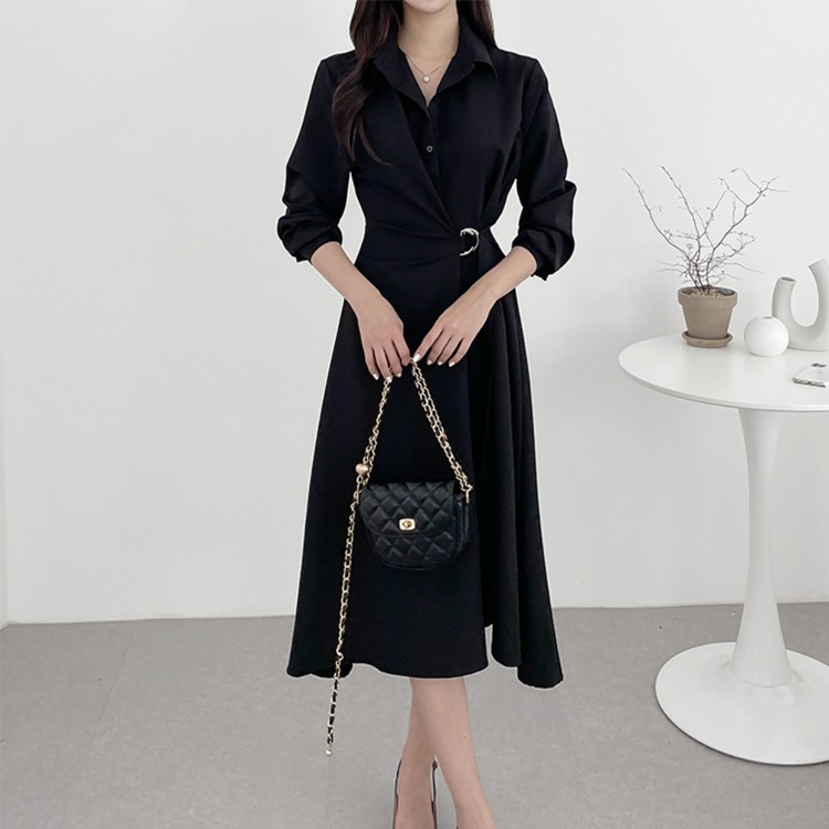 アシンメトリー 襟付き ミモレ丈 ドレス ワンピース