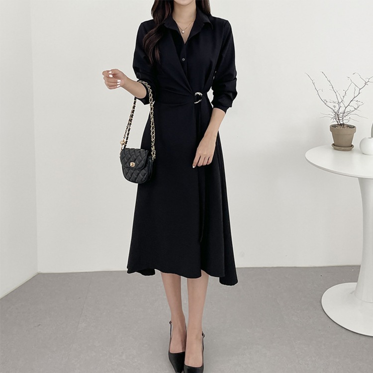アシンメトリー 襟付き ミモレ丈 ドレス ワンピース