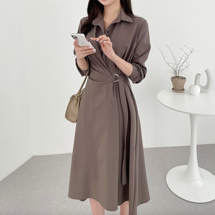 アシンメトリー 襟付き ミモレ丈 ドレス ワンピース