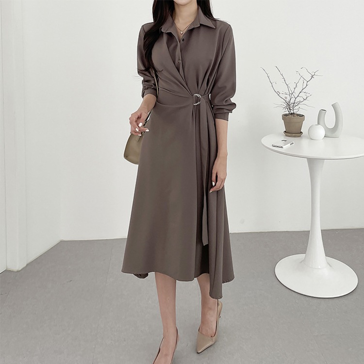 アシンメトリー 襟付き ミモレ丈 ドレス ワンピース