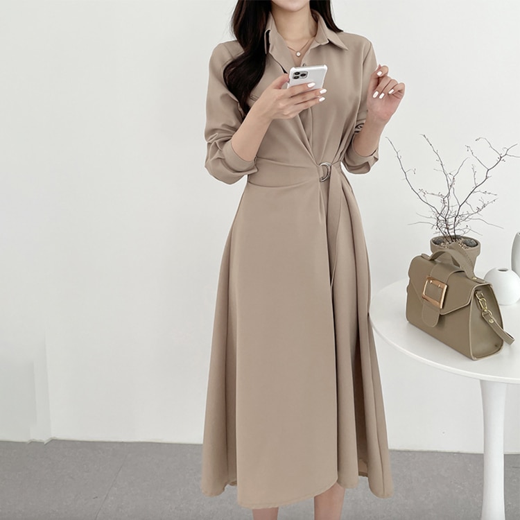 アシンメトリー 襟付き ミモレ丈 ドレス ワンピース