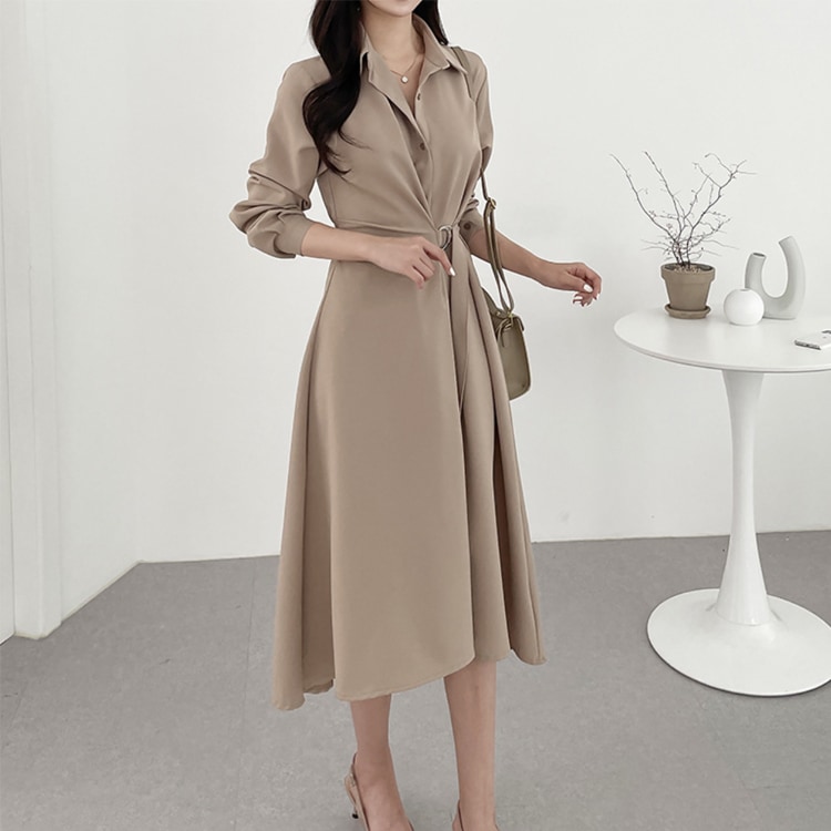 アシンメトリー 襟付き ミモレ丈 ドレス ワンピース