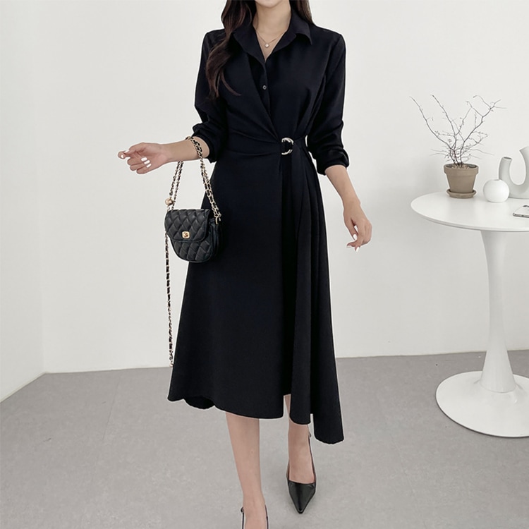 アシンメトリー 襟付き ミモレ丈 ドレス ワンピース