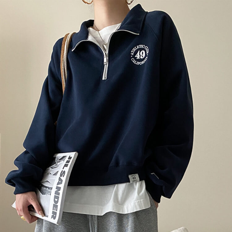 ファスナー付き POLOカラー 長袖 スエットトップス