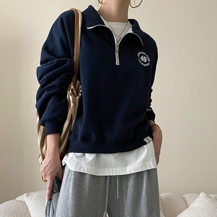 ファスナー付き POLOカラー 長袖 スエットトップス