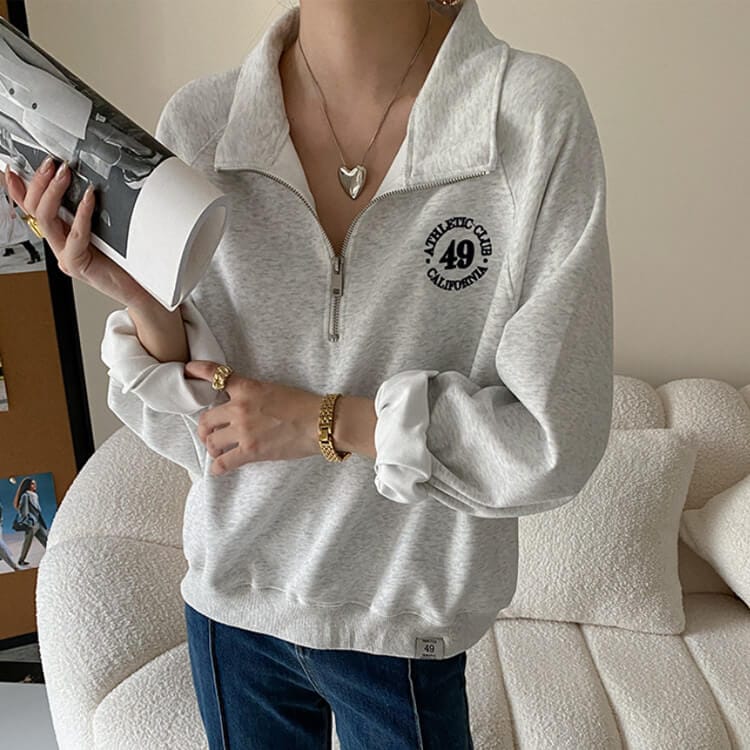 ファスナー付き POLOカラー 長袖 スエットトップス