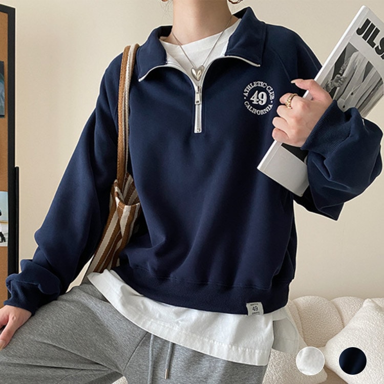 ファスナー付き POLOカラー 長袖 スエットトップス