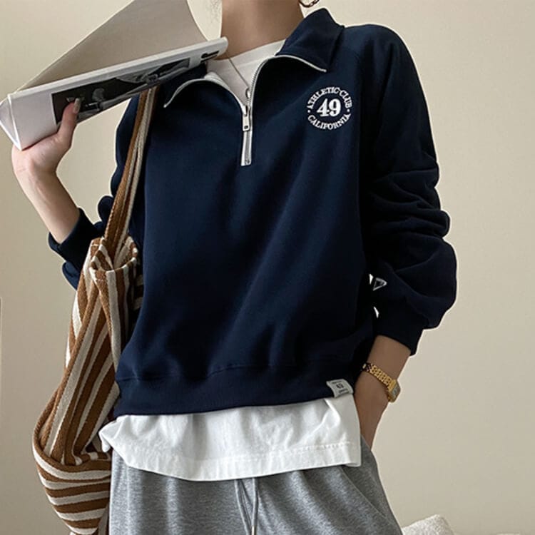 ファスナー付き POLOカラー 長袖 スエットトップス