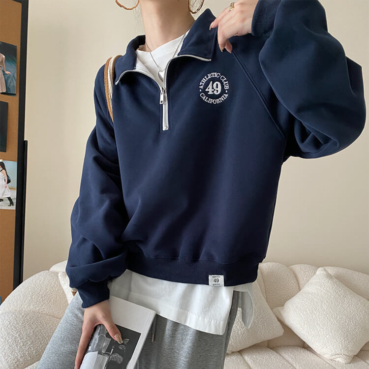 ファスナー付き POLOカラー 長袖 スエットトップス