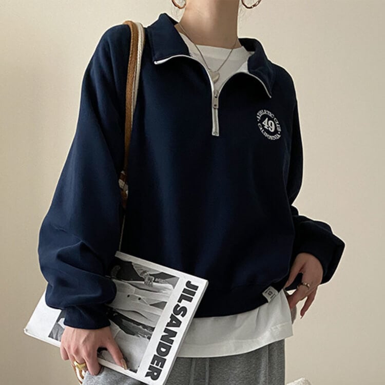 ファスナー付き POLOカラー 長袖 スエットトップス