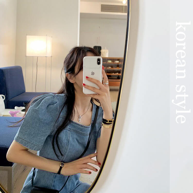 スクエアネック ミモレ丈 デニムワンピース

