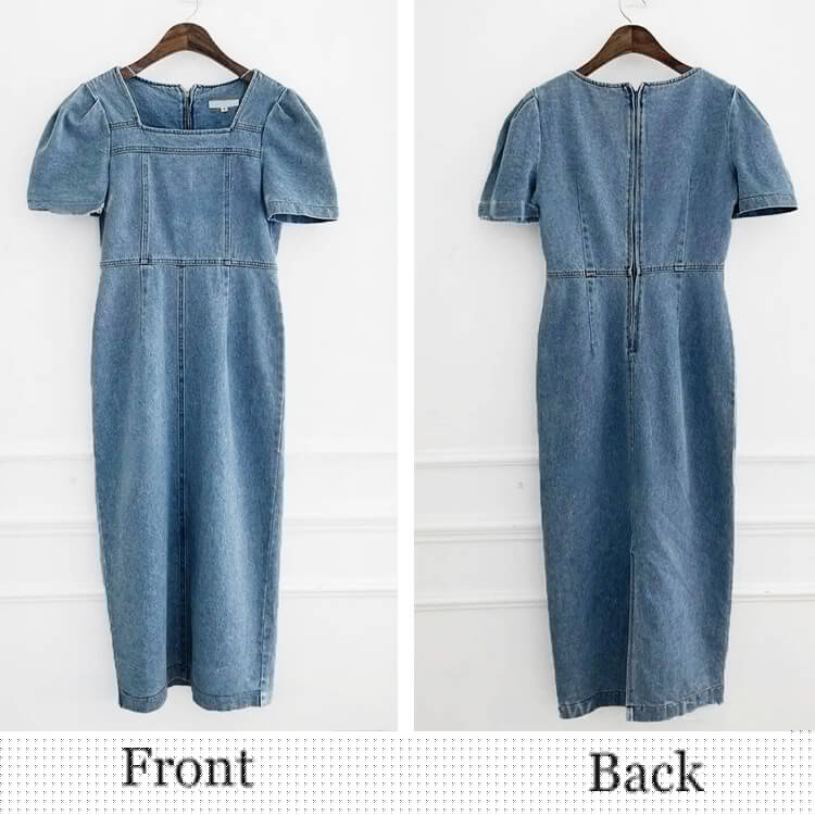 スクエアネック ミモレ丈 デニムワンピース

