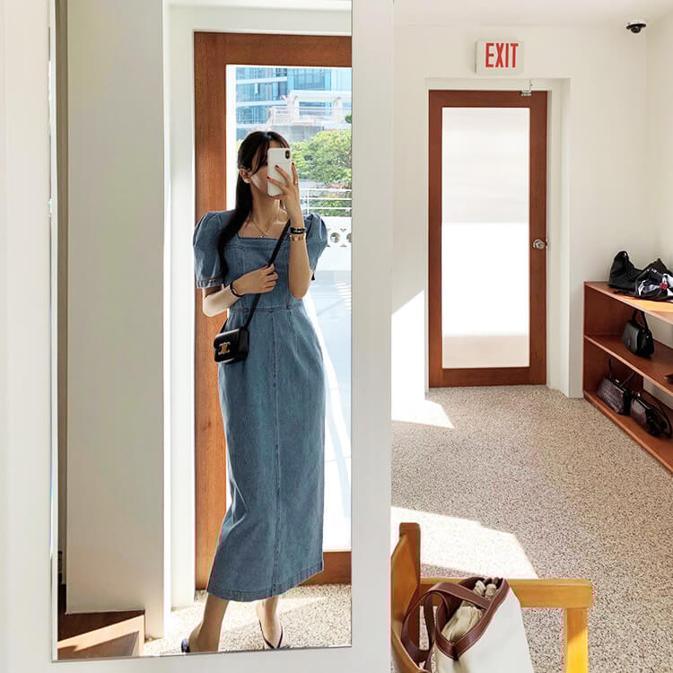 スクエアネック ミモレ丈 デニムワンピース

