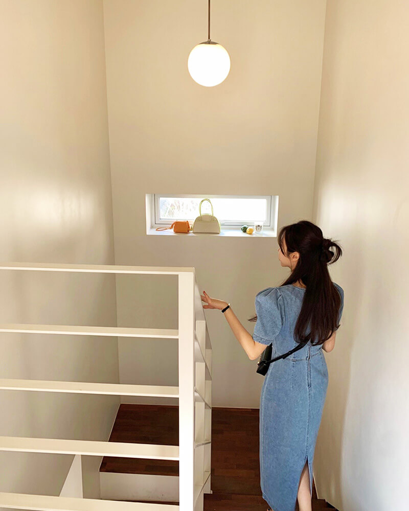 スクエアネック ミモレ丈 デニムワンピース

