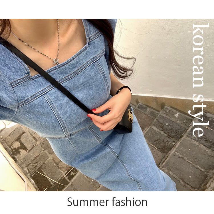 スクエアネック ミモレ丈 デニムワンピース

