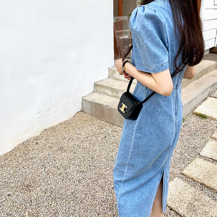 スクエアネック ミモレ丈 デニムワンピース

