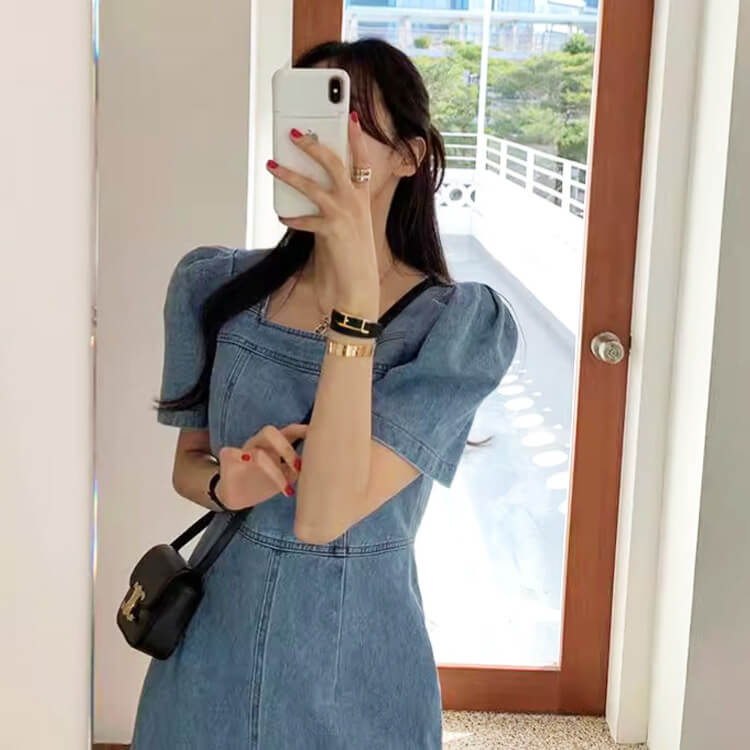 スクエアネック ミモレ丈 デニムワンピース

