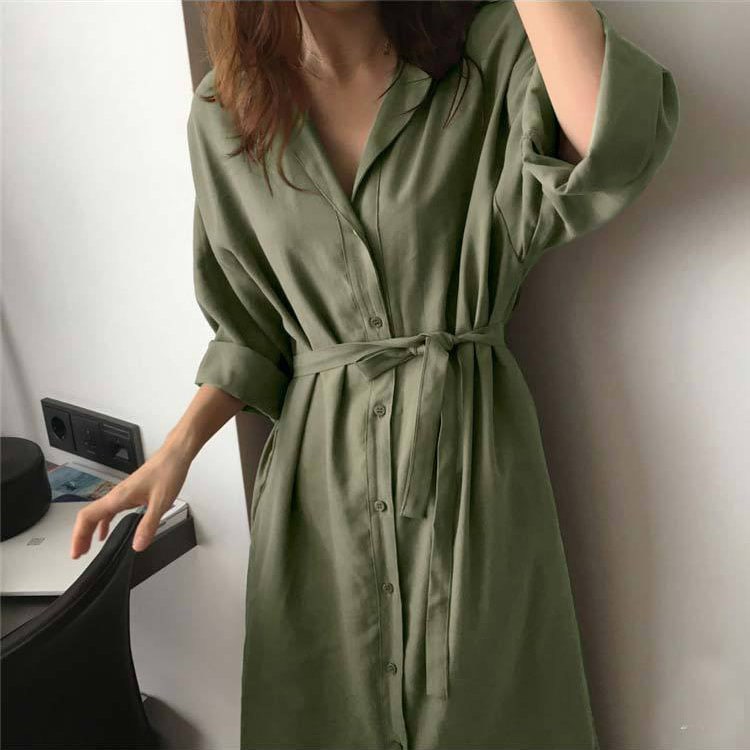 ベーシックカラー ロング丈 シャツワンピース