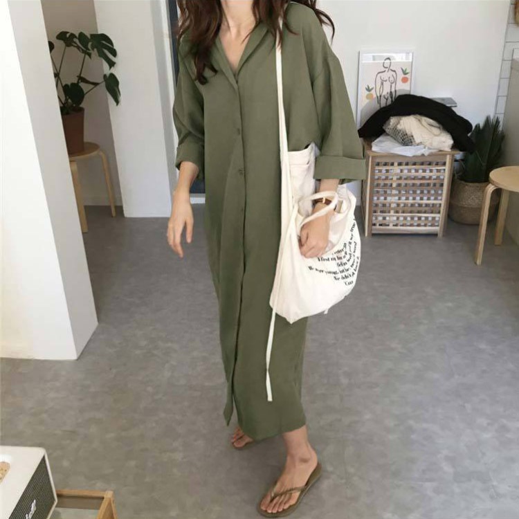 ベーシックカラー ロング丈 シャツワンピース