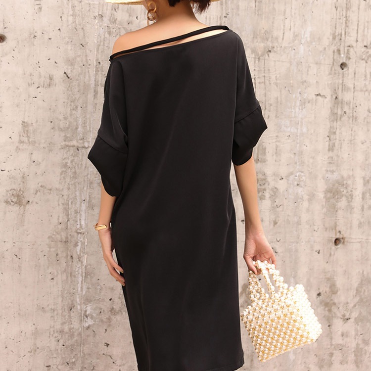 スラッシュドネック ワンショルダー ドレスワンピース