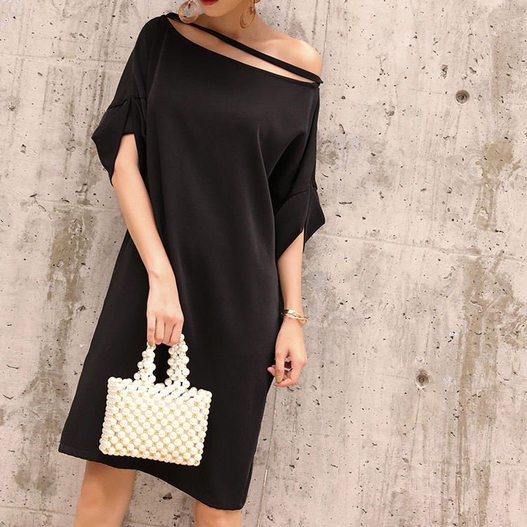 スラッシュドネック ワンショルダー ドレスワンピース