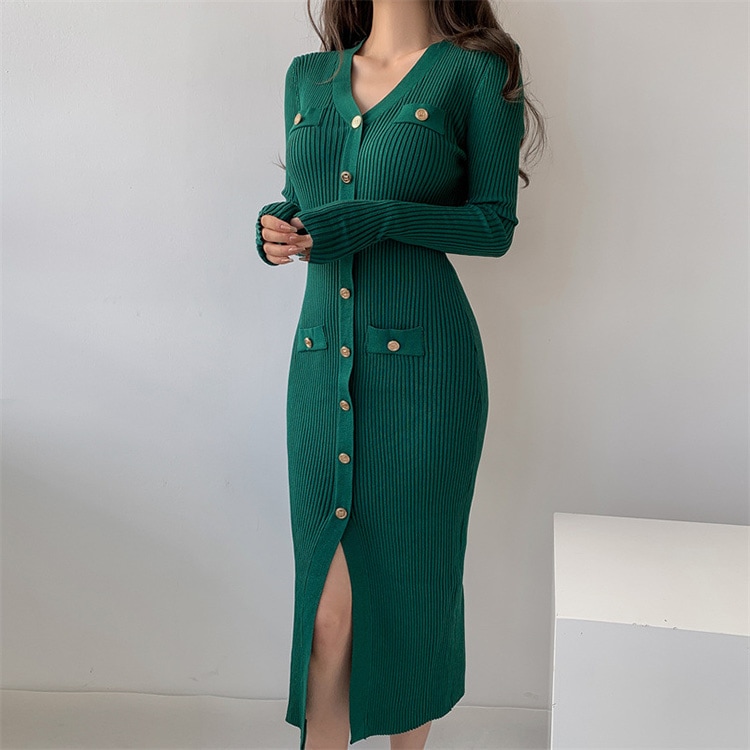 タイトフィット ミモレ丈 フロントボタン ニットワンピース