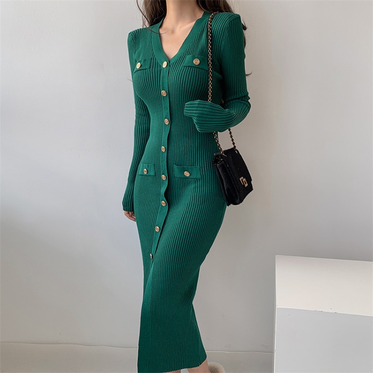 タイトフィット ミモレ丈 フロントボタン ニットワンピース