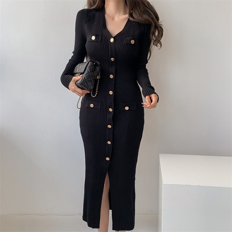 タイトフィット ミモレ丈 フロントボタン ニットワンピース