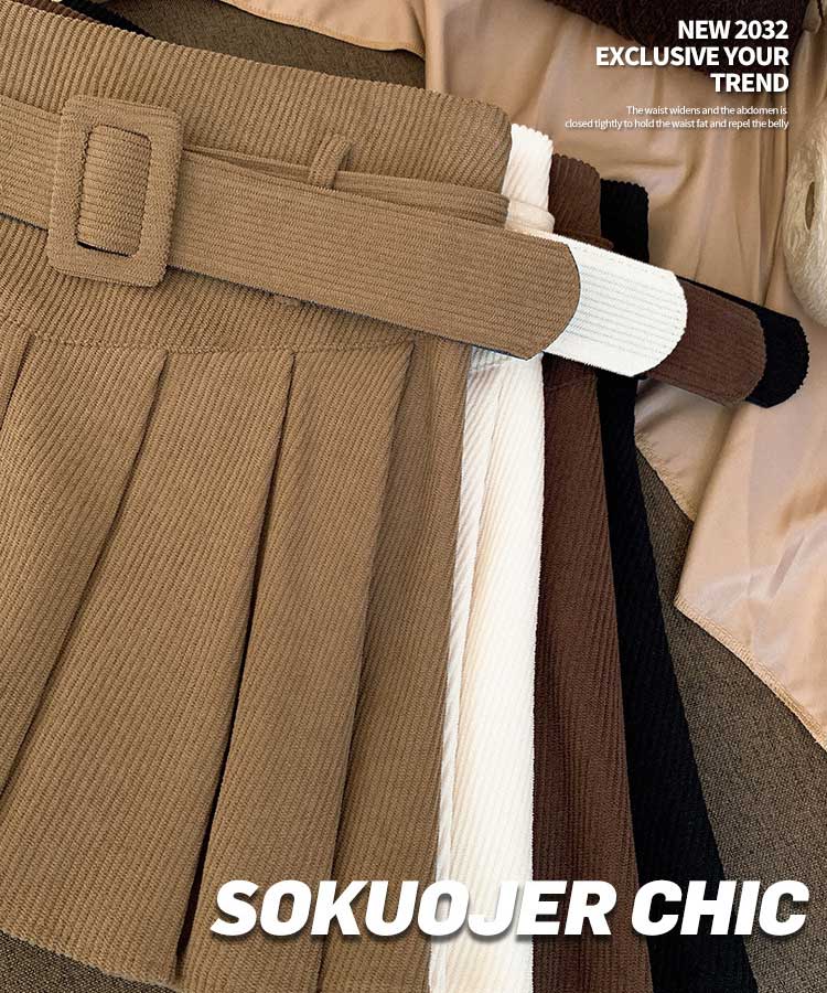 ベルト付き コーデュロイ プリーツ ミニスカート

