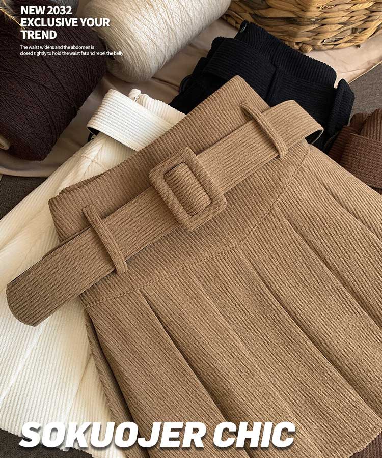 ベルト付き コーデュロイ プリーツ ミニスカート

