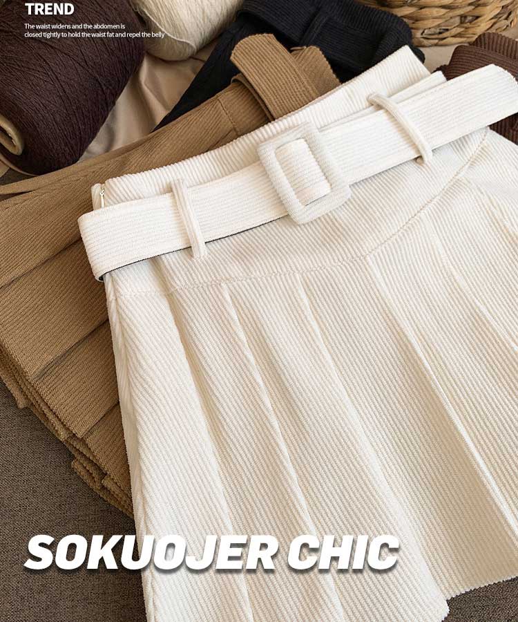 ベルト付き コーデュロイ プリーツ ミニスカート


