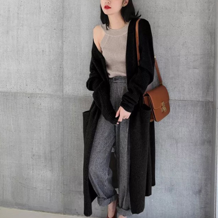 リブ袖 ロング ニットカーディガン