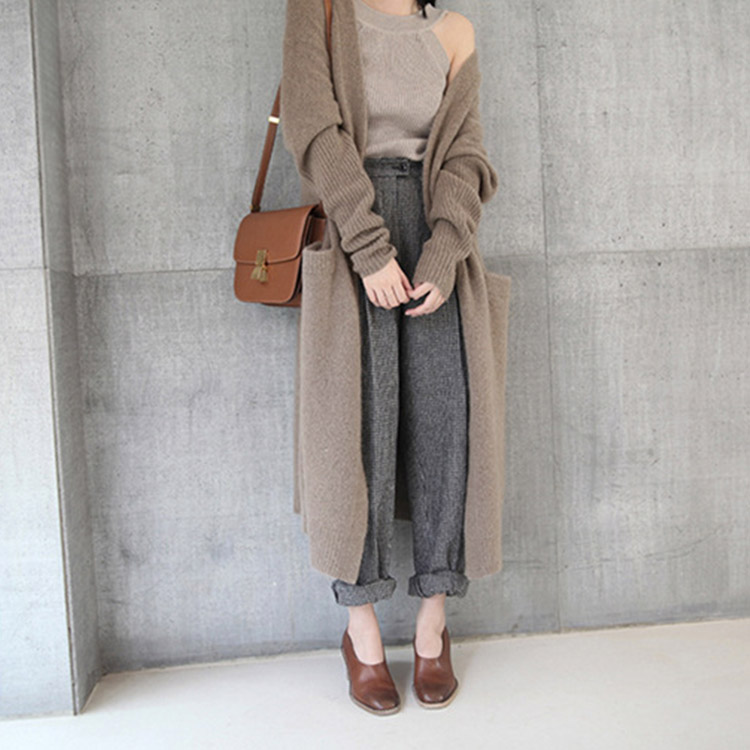 リブ袖 ロング ニットカーディガン