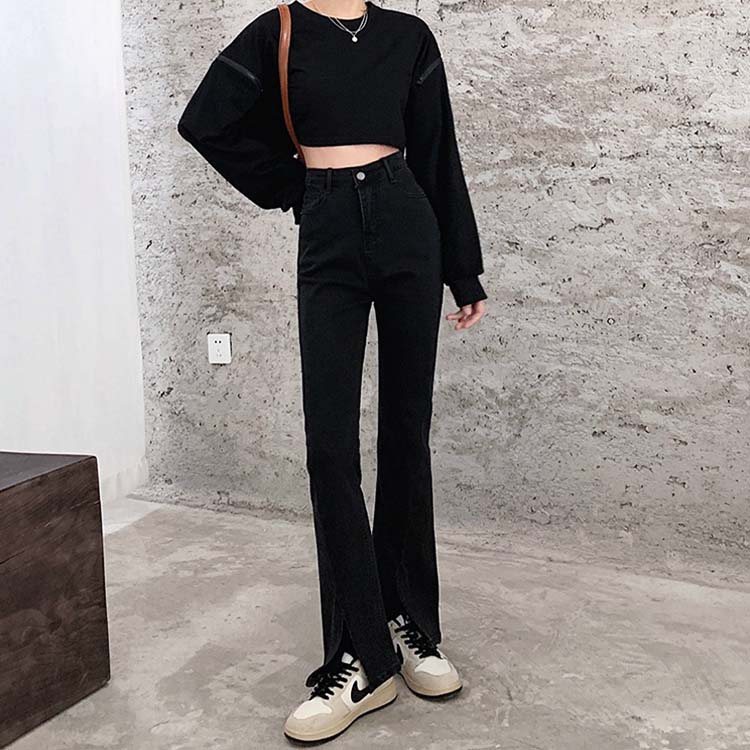 フロントスリット デニム フレアパンツ