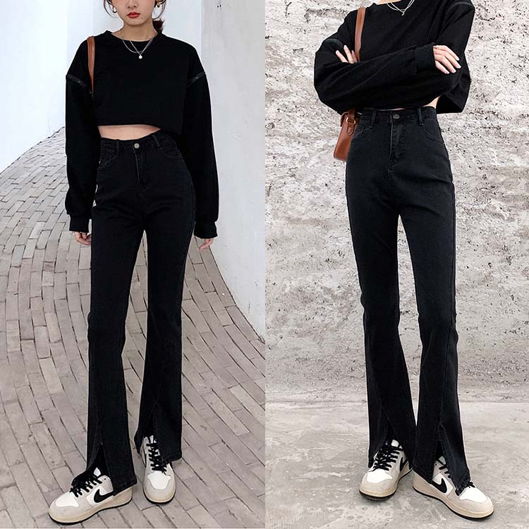 サイドスリット フレア デニム 韓国 スタイリッシュ 切替 n147 フレア デニム パンツ ジーンズ 切替 ブーツカット 韓国